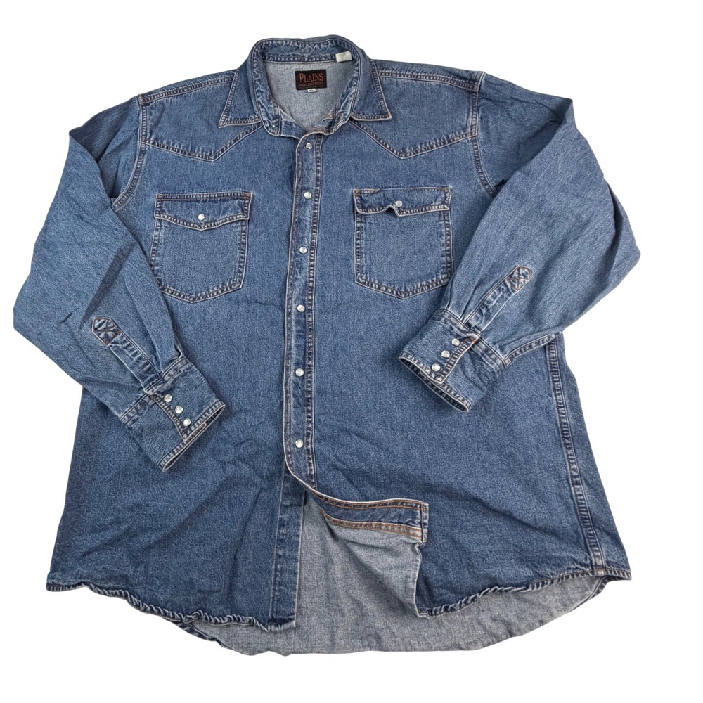 Plains Western Wear Mens XL Blue Denim Pearl Snap Shirt Long Sleeve Cowboy Work